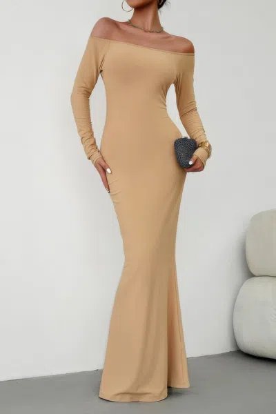Truedames Solid Elastic Off Shoulder Bodycon Long Sleeve Dress In Brown