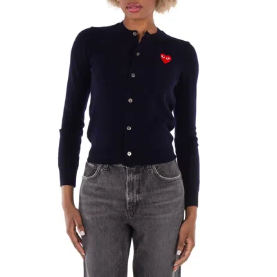 Comme Des Garçons Play Ladies Navy Long Sleeve Logo Cardigan In Blue