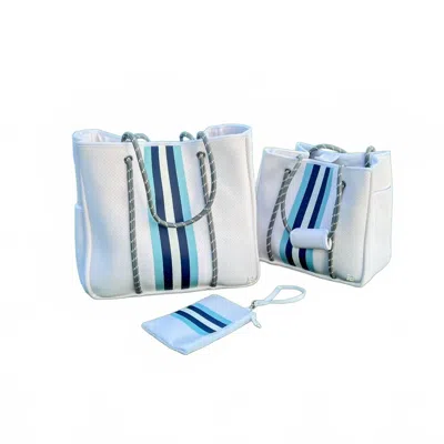 Five Love Women Courtside Large Tennis Racket Tote Bag In White With Blue And White Stripes In Multi
