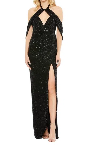 Mac Duggal Sequined Draped Sleeveless Keyhole Cowl Back Gown In Black