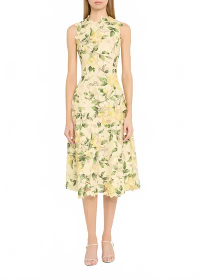Oscar De La Renta Sleeveless Printed Garden Rose Guipure A-line Dress In Yellow