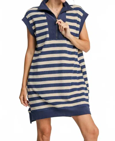 Umgee Half Zip Striped Textured Dress In Navy In Blue