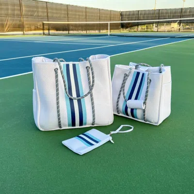 Five Love Women Courtside Small Pickleball Paddle Tote Bag In White With Blue And White Stripes In Multi