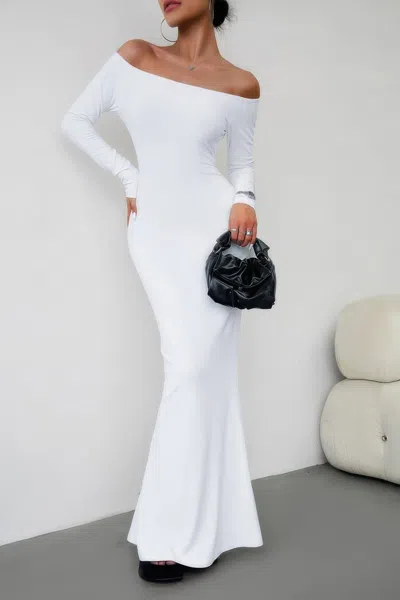 Truedames Solid Elastic Off Shoulder Bodycon Long Sleeve Dress In White