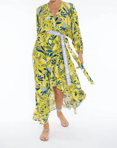 Taj By Sabrina Crippa Belted Wrap Event Dress In Yellow/blue In Yellow