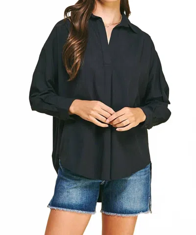 Pinch Drop Shoulder Collared Blouse In Black In Black