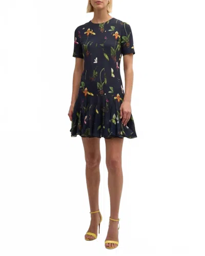Oscar De La Renta Short Sleeve Cady Chiffon Inset Dress In Navy Multi In Blue
