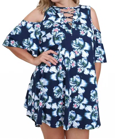 Umgee Floral Cold Shoulder Criss Cross Dress - Plus In Navy In Blue