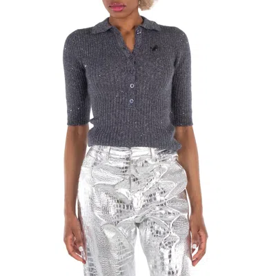 Rotate Birger Christensen Ladies Magnet Sequin Knit Polo Shirt In Gray
