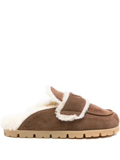Prada Round Toe Suede Mules With Shearling Lining In Brown
