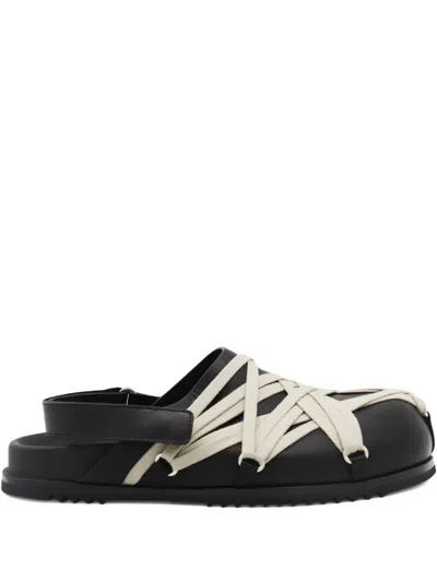 Rick Owens Black Mules With Oversize Decorative Laces And Buckle Closure In Leather Man In Animal Print