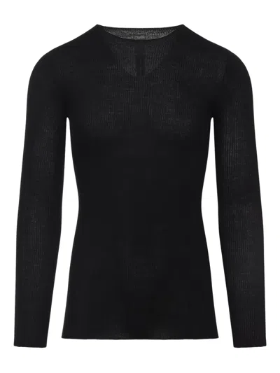 Rick Owens Black Wool Ribbed Round Neck Pullover In Black
