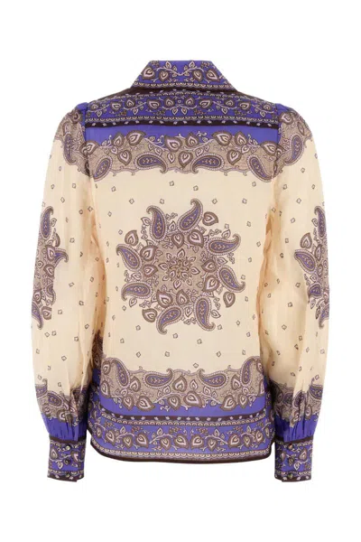 Zimmermann Maxine Paisley Blouson Sleeve Ramie Button-up Shirt In White