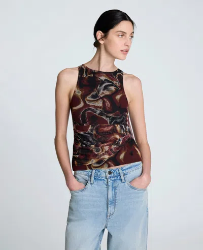 Kenneth Cole Printed Mesh Side Tied Tank Top In Burgundy