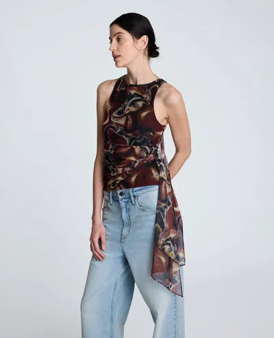 Kenneth Cole Printed Mesh Side Tied Tank Top In Burgundy