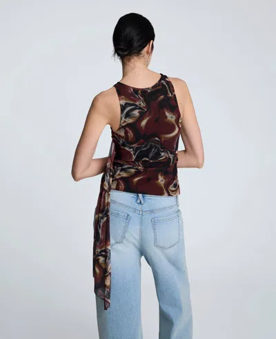 Kenneth Cole Printed Mesh Side Tied Tank Top In Burgundy