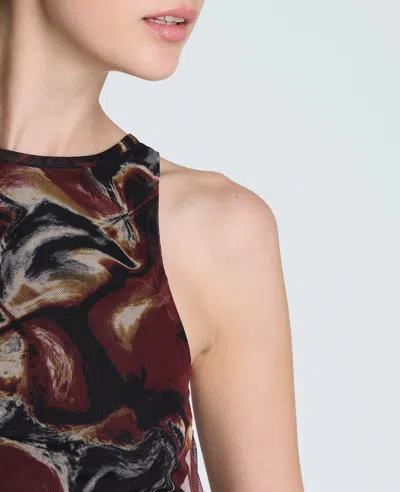 Kenneth Cole Printed Mesh Side Tied Tank Top In Burgundy