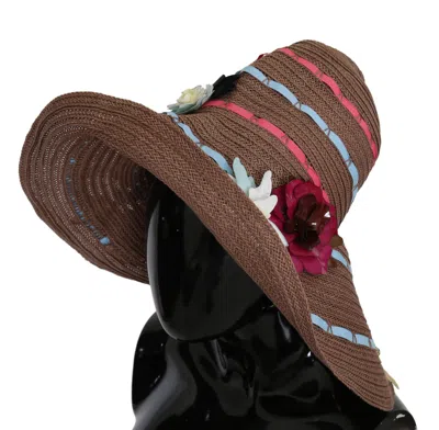 Dolce & Gabbana Brown Floral Wide Brim Straw Floppy Cap Hat In Brown