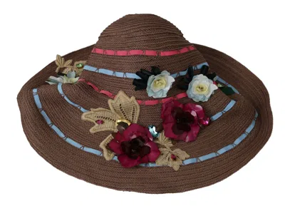 Dolce & Gabbana Brown Floral Wide Brim Straw Floppy Cap Hat In Brown