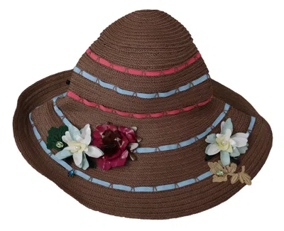 Dolce & Gabbana Brown Floral Wide Brim Straw Floppy Cap Hat In Brown