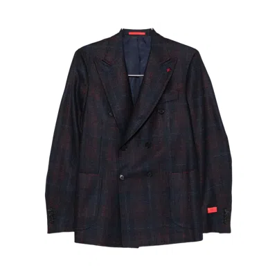 Isaia Double-breasted Checked-pattern Blazer In Blue