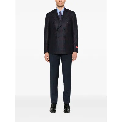 Isaia Double-breasted Checked-pattern Blazer In Blue