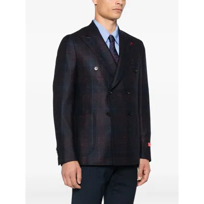 Isaia Double-breasted Checked-pattern Blazer In Blue