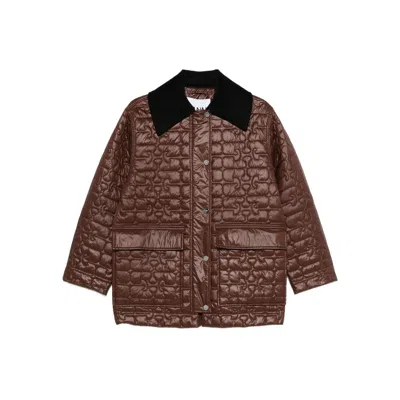 Ganni Quilted Coat With Contrasting Collar In Brown