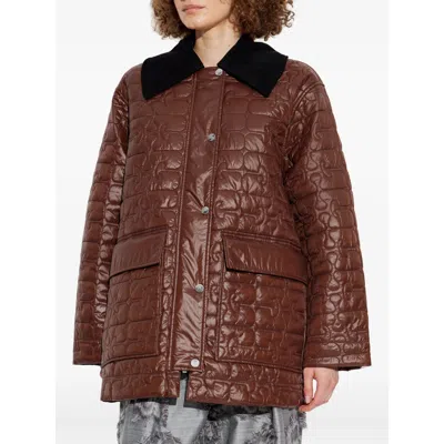 Ganni Quilted Coat With Contrasting Collar In Brown