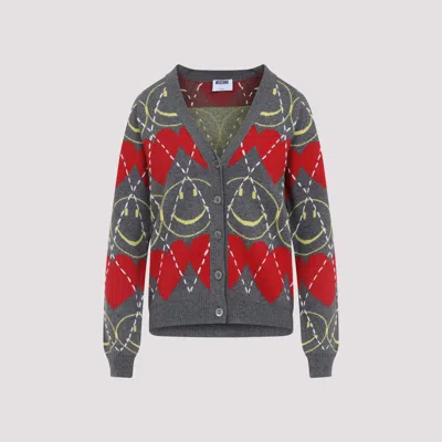 Moschino Jacquard Smile Wool Blend Cardigan In Gray