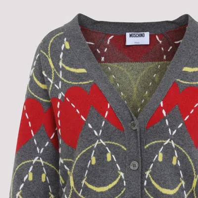 Moschino Jacquard Smile Wool Blend Cardigan In Gray