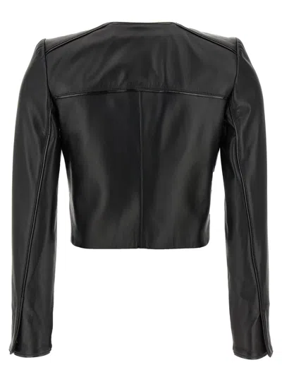 Elisabetta Franchi Leather Jacket With Monogram Metal Details In Black