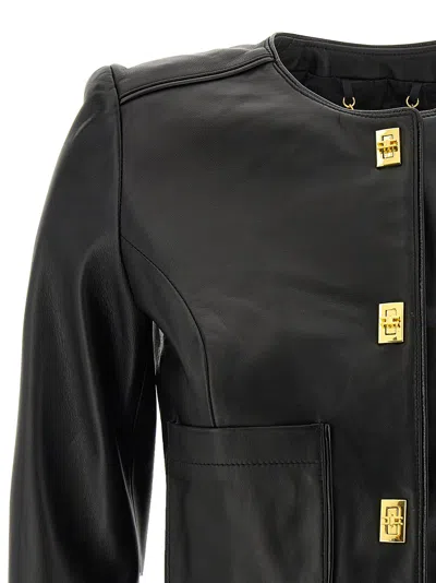 Elisabetta Franchi Leather Jacket With Monogram Metal Details In Black