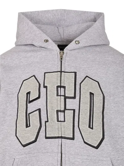 Balenciaga Zip Front Hoodie With Contrast Logo And Ribbed Details In Gray