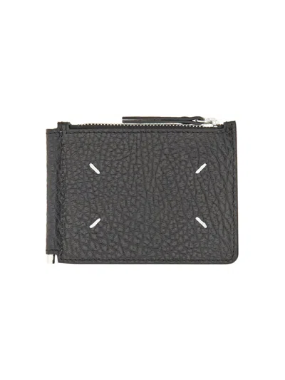 Maison Margiela Textured Black Leather Card Holder With Logo In Black