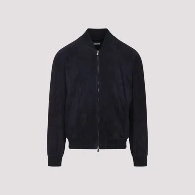 Brunello Cucinelli Ribbed Edges Suede Leather Jacket In Black