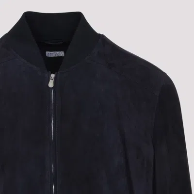 Brunello Cucinelli Ribbed Edges Suede Leather Jacket In Black