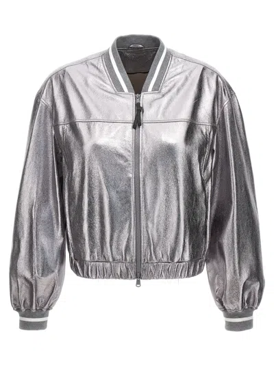 Brunello Cucinelli Laminated Leather Bomber Jacket Puffer Jackets Silver In Metallic