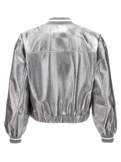 Brunello Cucinelli Laminated Leather Bomber Jacket Puffer Jackets Silver In Metallic
