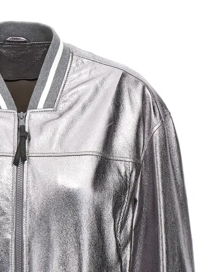 Brunello Cucinelli Laminated Leather Bomber Jacket Puffer Jackets Silver In Metallic