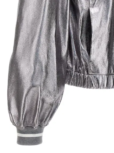 Brunello Cucinelli Laminated Leather Bomber Jacket Puffer Jackets Silver In Metallic