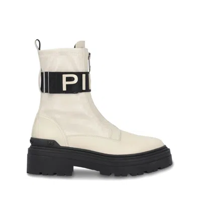 Pinko Leather Combat Boots With Branded Front Stretch Ribbon In White
