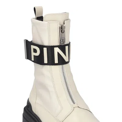 Pinko Leather Combat Boots With Branded Front Stretch Ribbon In White