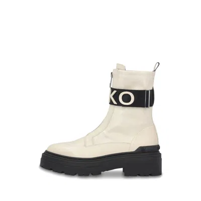 Pinko Leather Combat Boots With Branded Front Stretch Ribbon In White