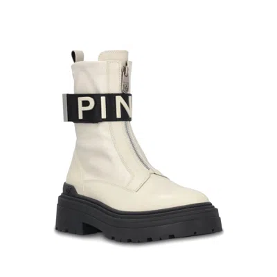 Pinko Leather Combat Boots With Branded Front Stretch Ribbon In White