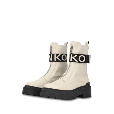 Pinko Leather Combat Boots With Branded Front Stretch Ribbon In White