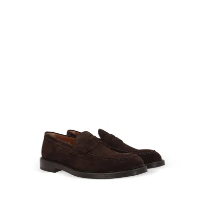 Doucal's Penny Strap Suede Loafers With Embossed Tub Stitching In Brown