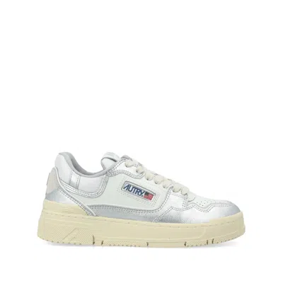 Autry Silver And White Low Top Sneakers With Logo Patch