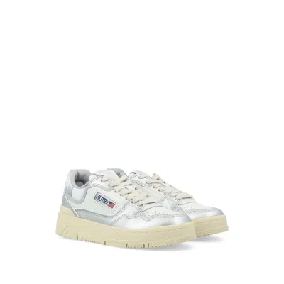 Autry Silver And White Low Top Sneakers With Logo Patch