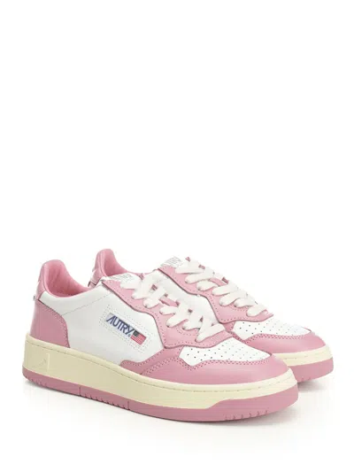 Autry Medalist Low Sneakers Bicolor In White And Polignac Leather Shoes In Pink